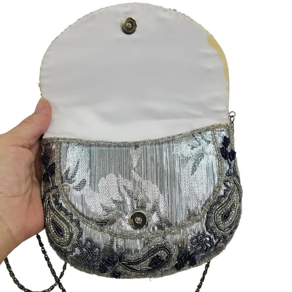 Vintage Majesty Line By‎ Albertario Crossbody Formal Silver Blue Paisley Beaded